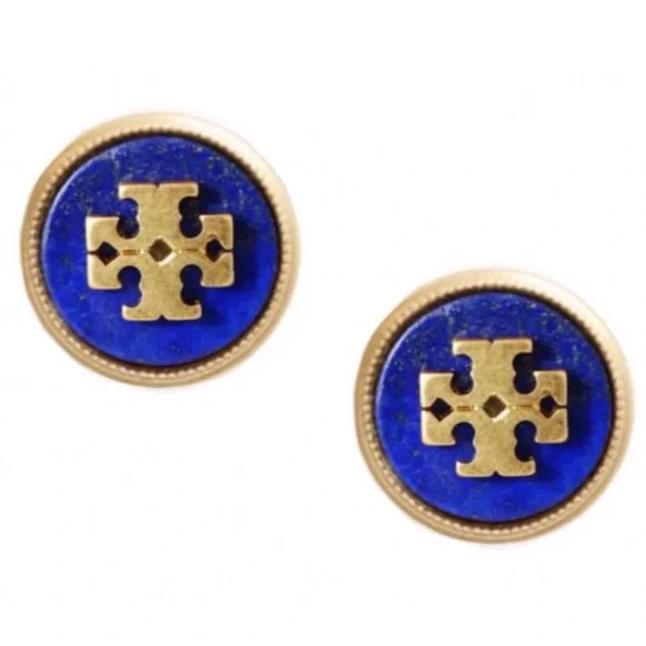 TORY BURCH • Blue Lapis Semiprecious Stone Necklace Earrings Matching Logo Set
